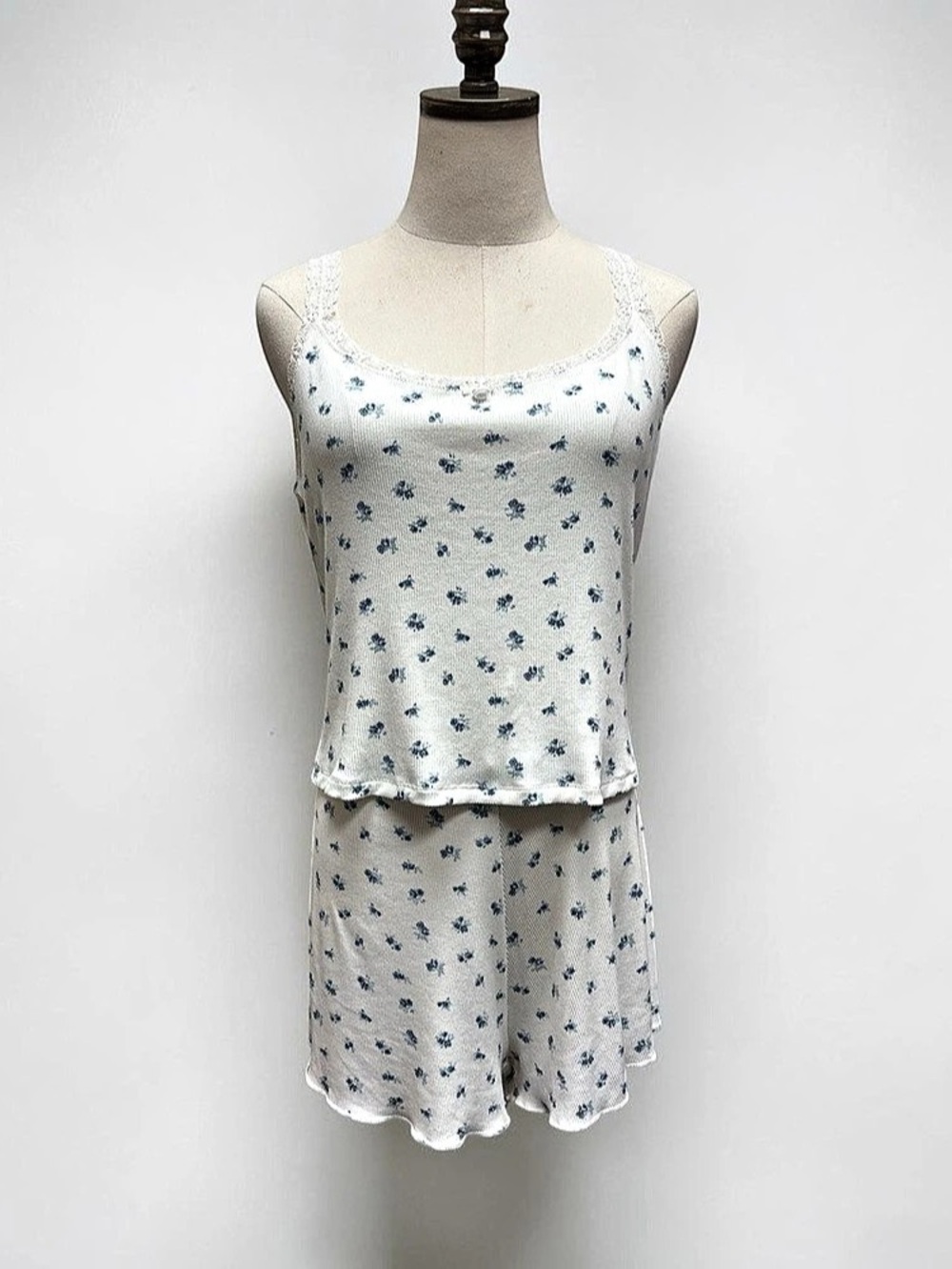 *NWOT* SKIMS Floral Lace Trim Pajama Set in White & Blue Size 2X Like New